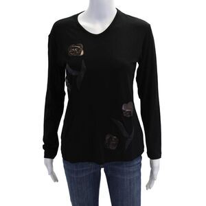 Natto Womens Long Sleeve V Neck Floral Leather Knit Shirt Black Brown Medium